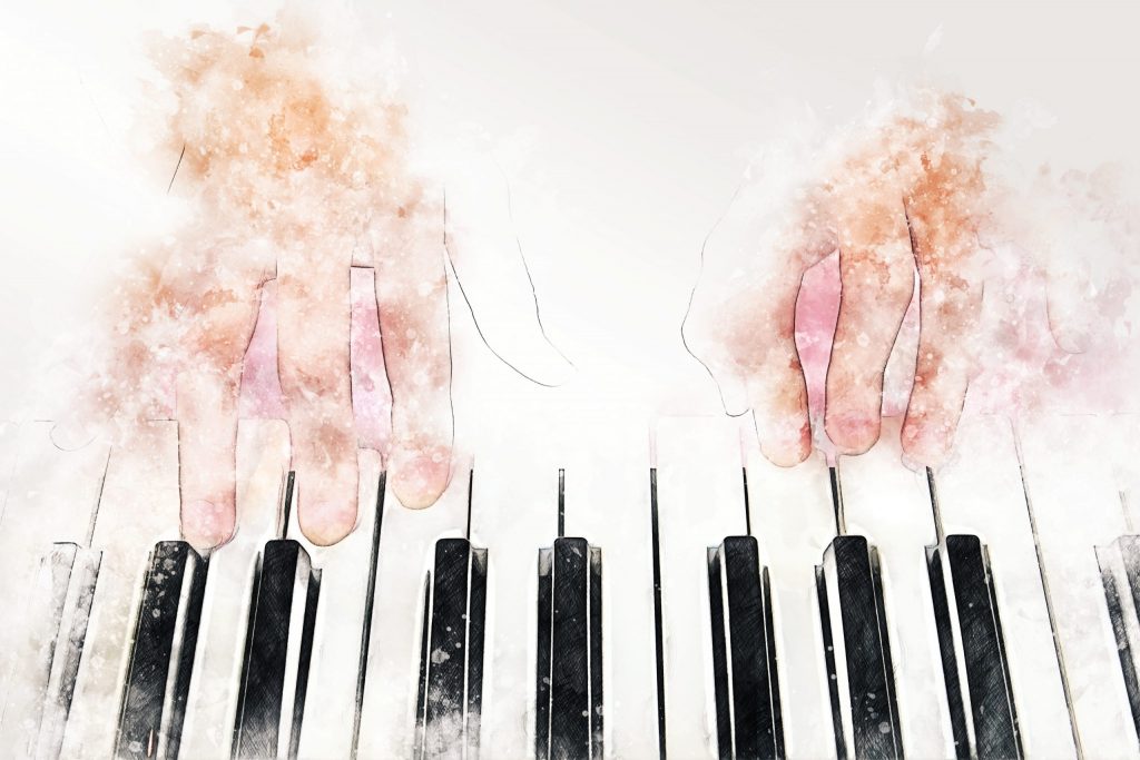 abstract colorful shape on playing piano keyboard watercolor illustration painting background.
