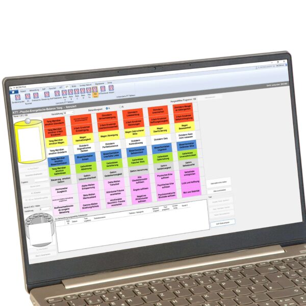 Laptop screen shows a colorful grid chart with red, orange, yellow, green, and blue tiles and German labels.