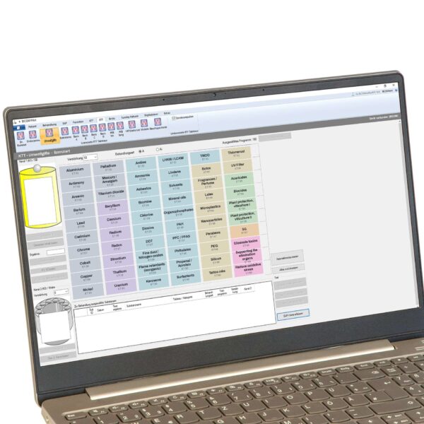 The Environmental Toxins test kit open in BICOM multisoft pilot, showing all sixty ampoules in one tableau