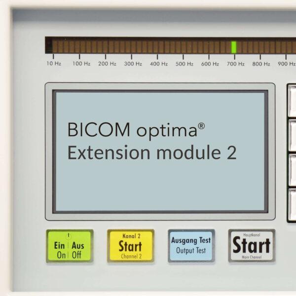 Close-up of a BICOM optima control panel showing power, Channel 2 Start, Output Test, and Main Start buttons.