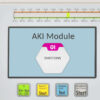 User interface of an AKI Module with color-coded start buttons (Start, Test) and an 'EMOTIONS' tile marked 01, set against a light blue background with a top frequency scale.