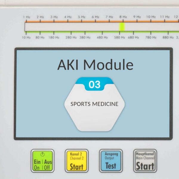 Control panel of a medical device with color-coded buttons: green Power (Ein/Aus), yellow Start, blue Test, and grey Main Channel Start (Hauptkanal Start).