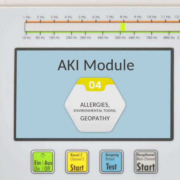 AKI specialist module 4 Allergies, environmental toxins, geopathy, BICOM optima screen showing AKI Module 04