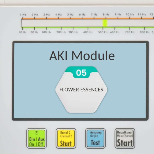 Screen showing an AKI Module interface with 'FLOWER ESSENCES' and a large hexagon reading '05', plus green, yellow, blue, and white Start/Test/Power buttons below.
