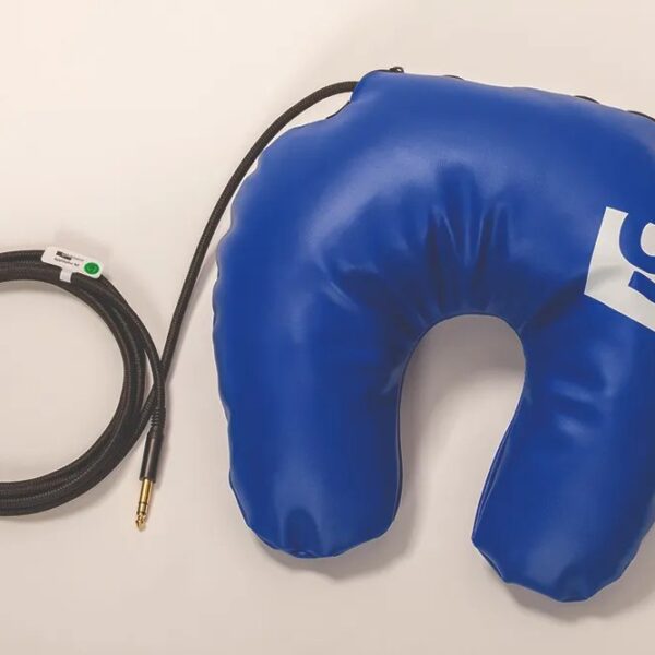 Blue inflatable U-shaped travel neck pillow with a black audio cable and 3.5mm jack on a white background.