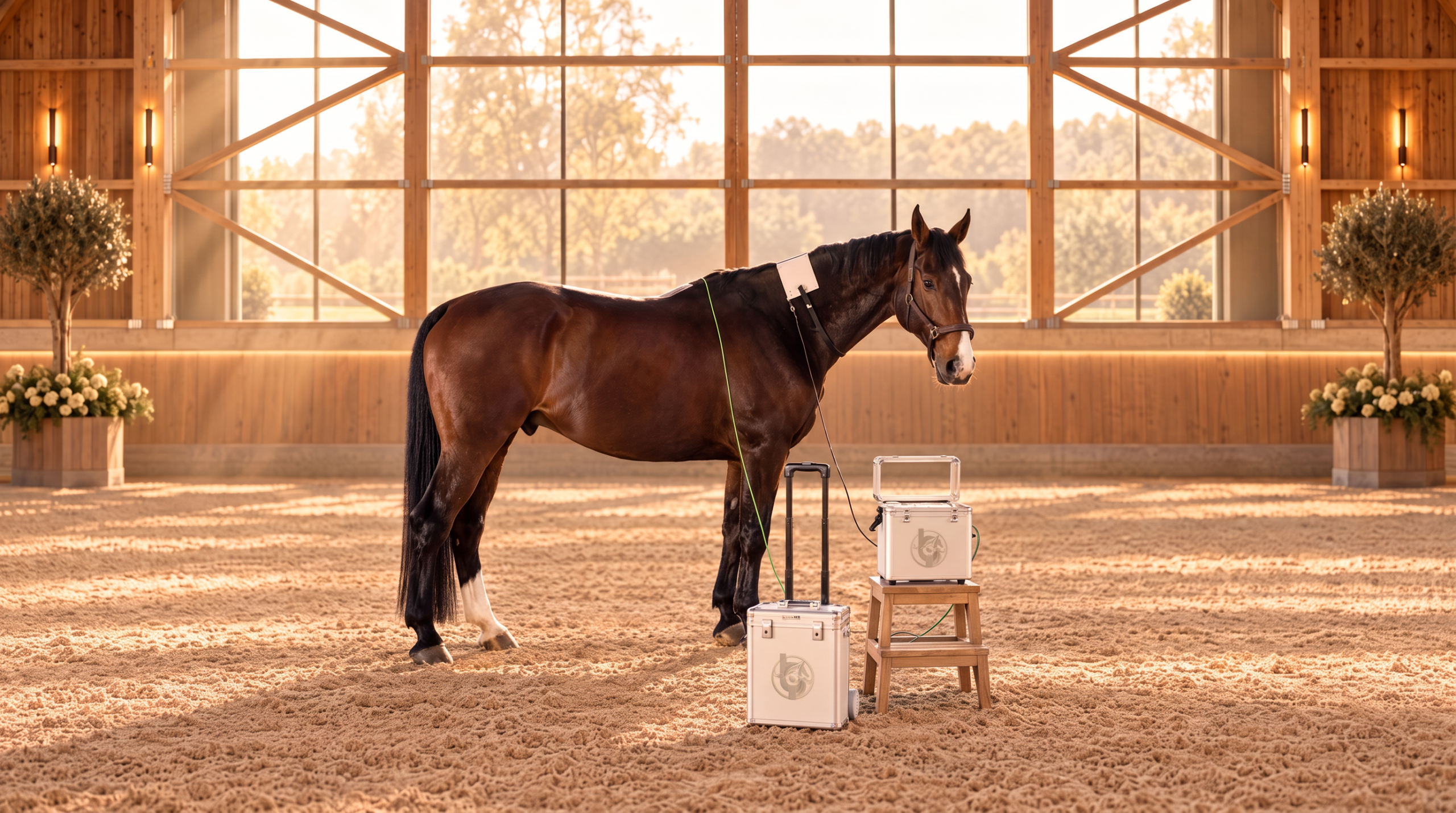 A bay horse standing quietly in a light-filled indoor arena, the BICOM optima mobile on its trolley beside a mounting block