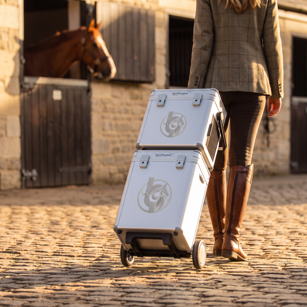 A practitioner in tweed pulling the two stacked BICOM optima mobile cases across a cobbled yard
