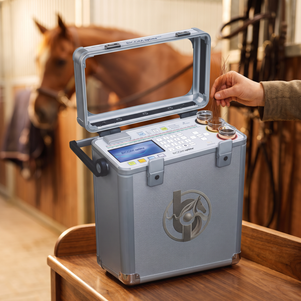 A hand dropping a few strands of mane hair into a brass cup on the open BICOM optima mobile, a chestnut horse behind