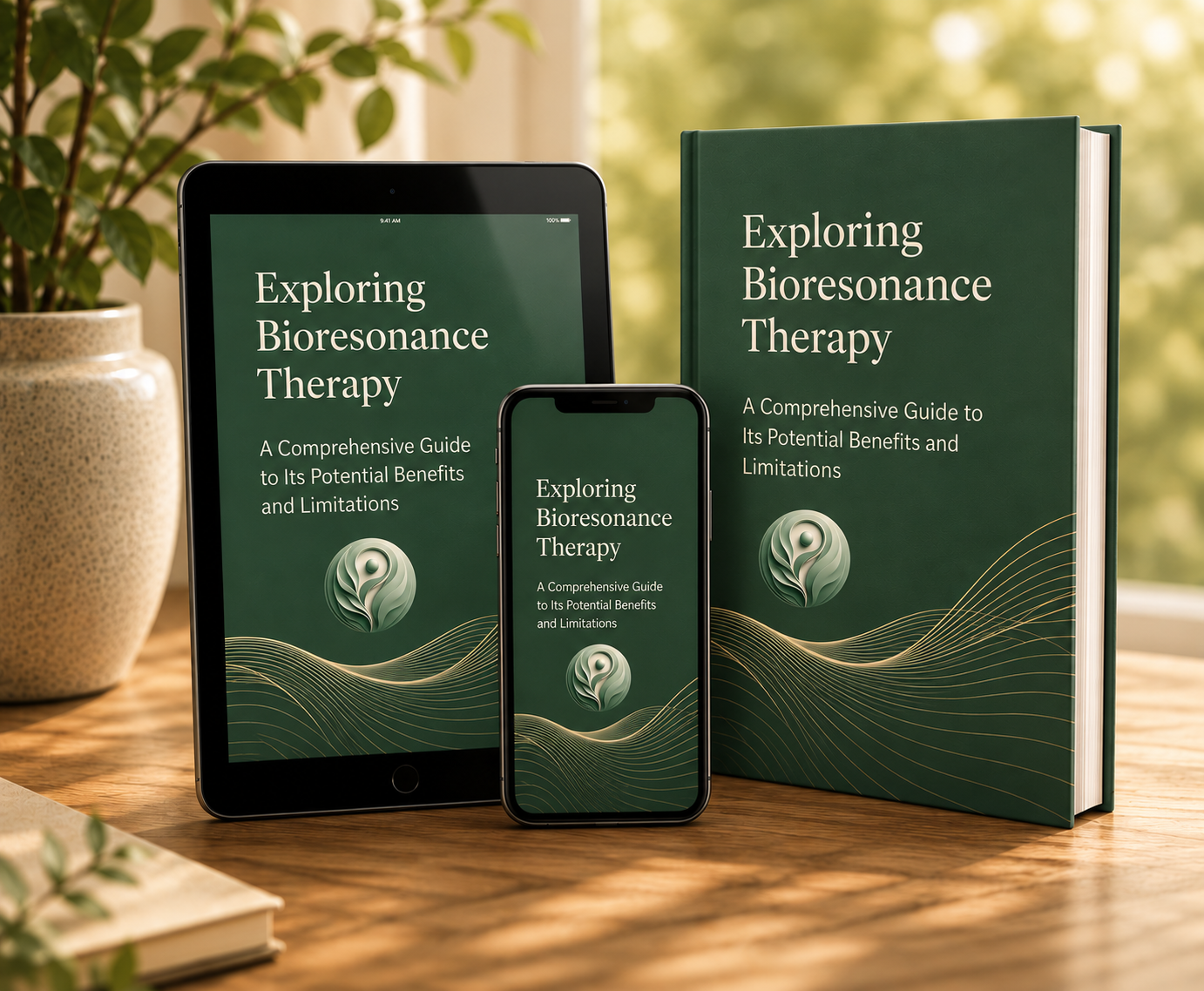 Exploring Bioresonance Therapy, the free ebook, shown on a tablet, a phone and as a printed book