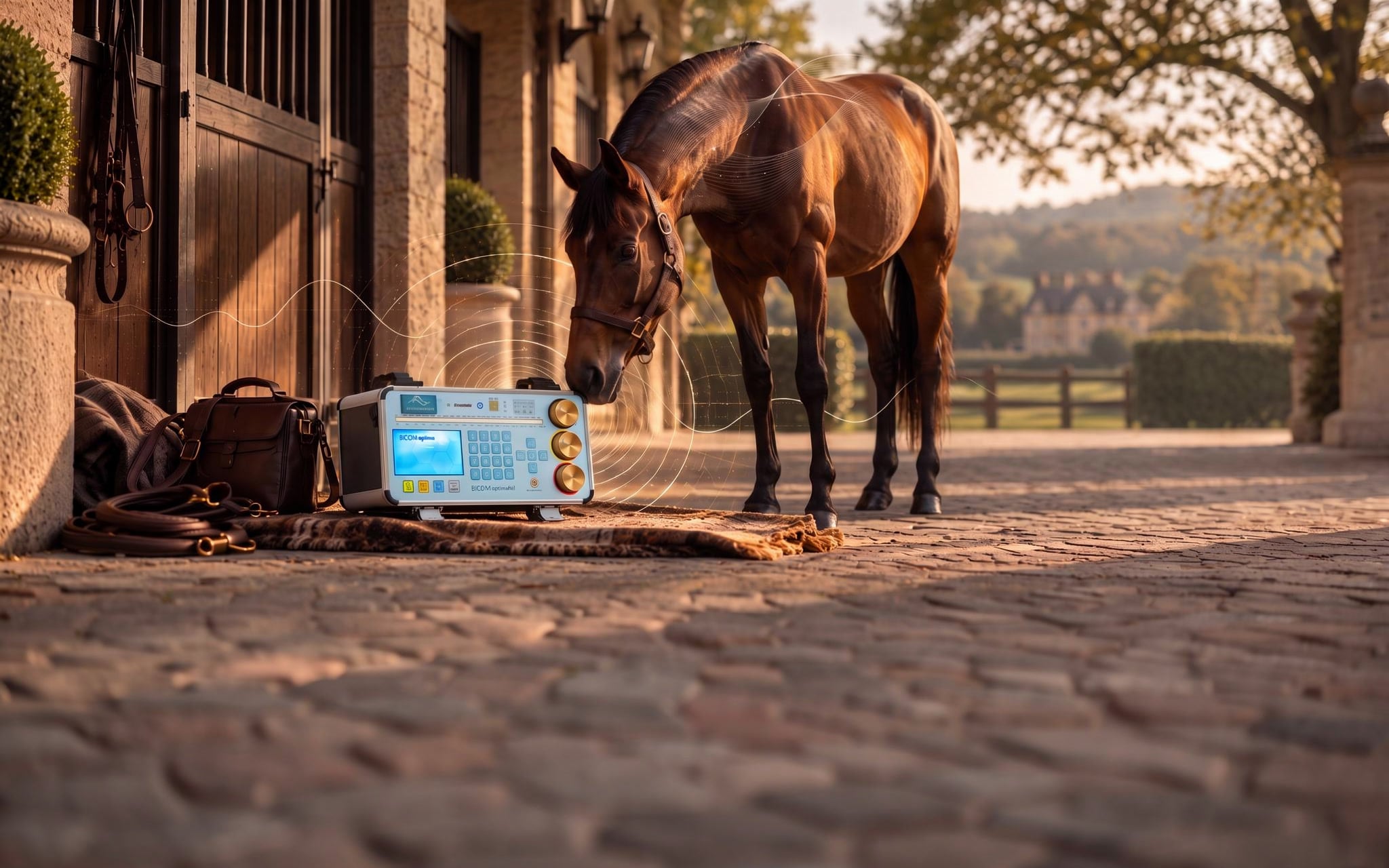 Horse in soft light with BICOM device base visible, equine hub banner