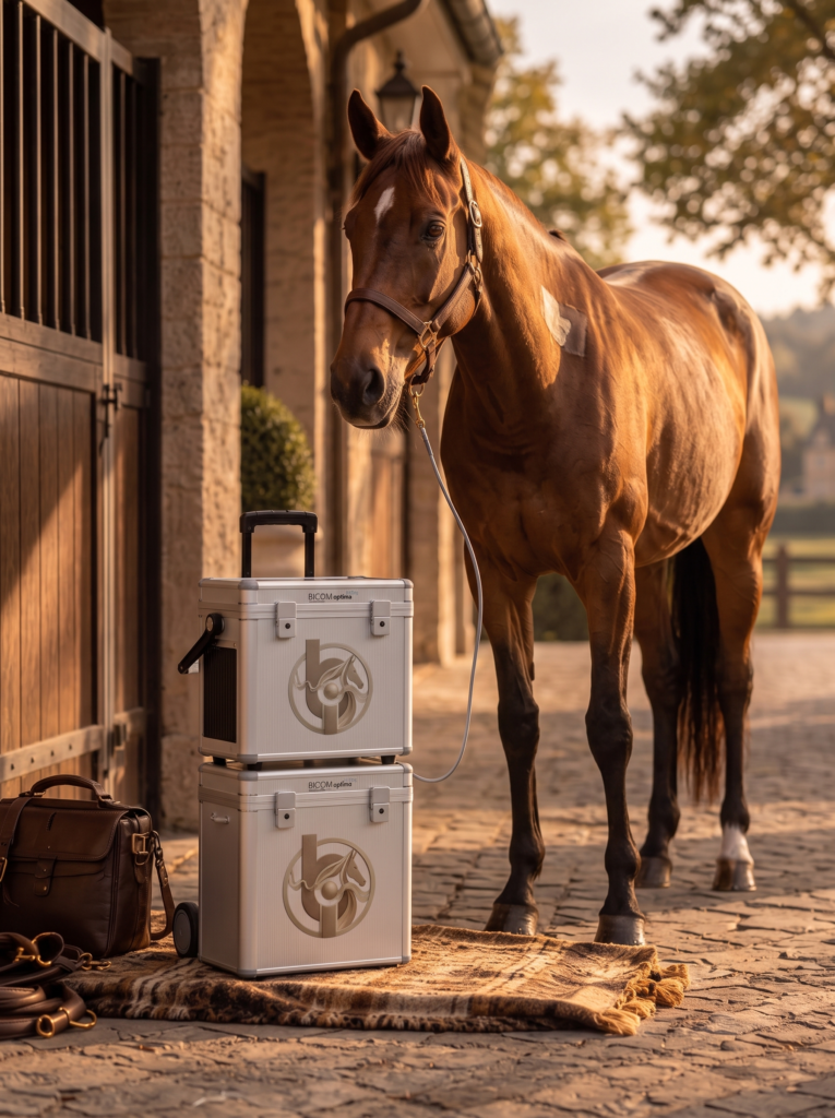 A chestnut horse standing in a stable doorway, a cable running to the BICOM optima mobile cases on their trolley