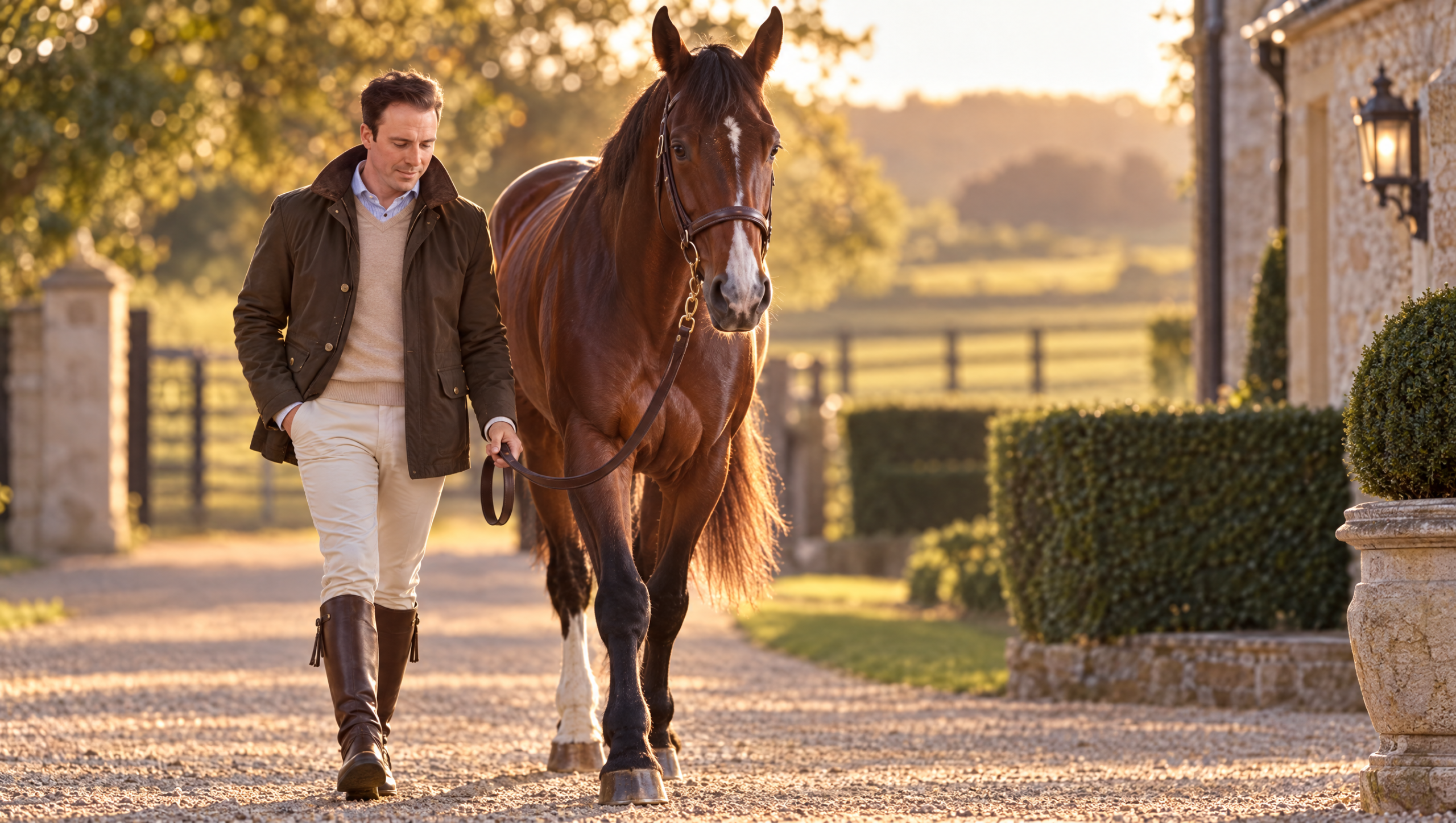 A rider leading a bay horse down a tree-lined drive at golden hour