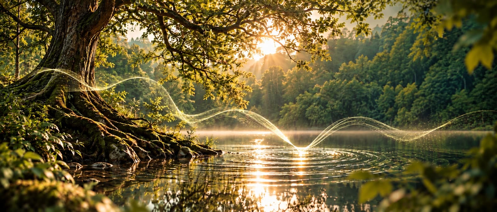 Sunlit tree over a calm lake with flowing light ribbons