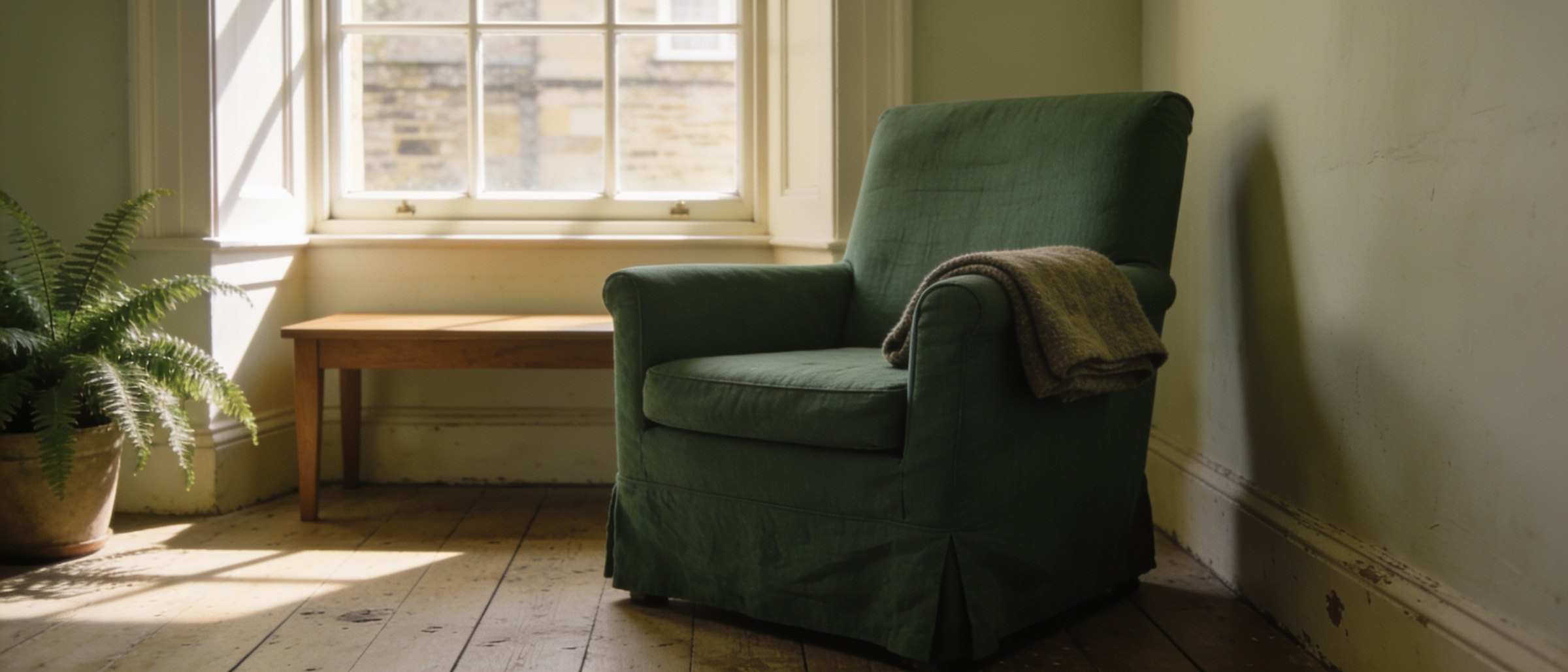 A quiet consulting room with a sage green armchair beside a sash window in morning light
