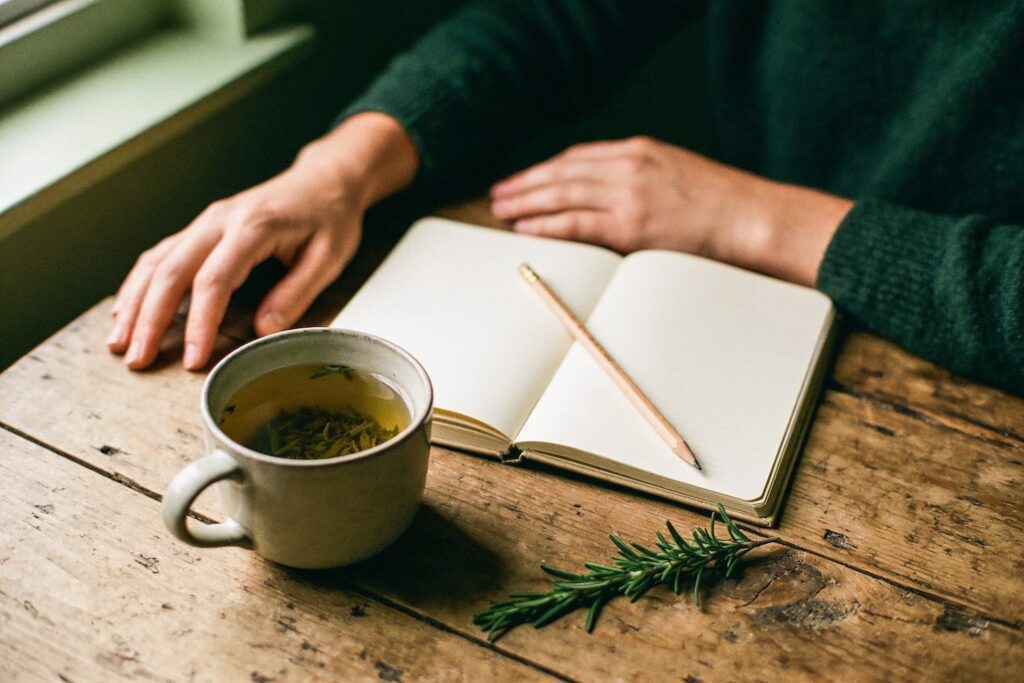 Hands resting on an oak table beside a cup of herbal tea and an open notebook